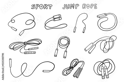 Set of jump rope. Skipping ropes. Sports equipment for fitness. Great for banners, sites, posters, design elements. Vector illustration EPS10. Hand drawn. Doodles