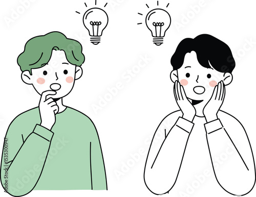 Two people brainstorming with light bulbs above heads, illustrating creative ideas, innovation, collaboration, and problem-solving concept in vector style flat vector illustration