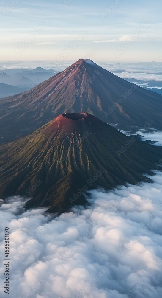 Fototapeta premium Aerial view of majestic volcanic mountains rising above a sea of fluffy clouds, volcano, mountains, aerial, landscape, cloudscape, nature, scenery, travel, tourism, adventure, exploration, elevation, 