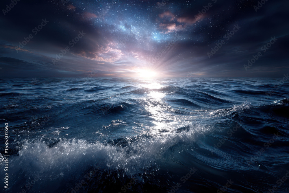 Fototapeta premium Sunset over the ocean creates a serene atmosphere with swirling waves and cosmic colors