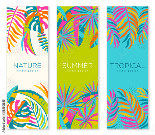 Summer vertical banners set, palm beach cards, abstract tropical leaves poster. Vector illustration. Jungle exotic minimal flyer, brochure voucher template. Place for text. Fashion Bali background