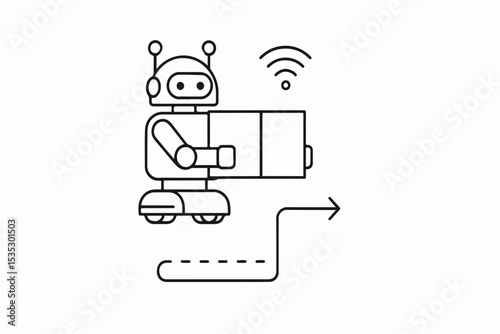 Minimalist Illustration of a Robot Delivering a Package with Wireless Connectivity and Following a Dotted Path to an Arrow Representing Automated Delivery Systems simple black
