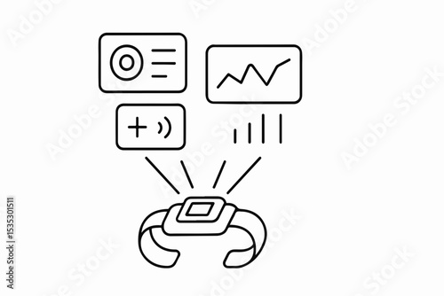 Smartwatch Data Visualization A Line Art Illustration of a Wearable Device Displaying Health Metrics Notifications and Connectivity Status with a Clean and Modern Aesthetic This