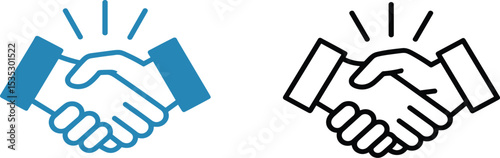 Business Handshake Icons: Blue and Black Line Art Illustrations for Collaboration and Agreement