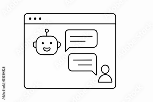 Line Art Illustration of a Chatbot Interface with a Smiling Robot and a Human Figure Exchanging Messages within a Browser Window on a White Background