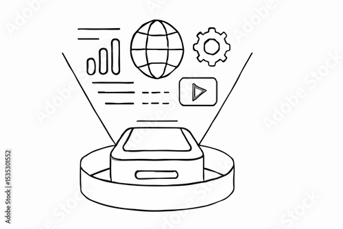 Conceptual illustration of a smart device projecting a holographic interface displaying data a globe settings gear and a play button all rendered in a simple