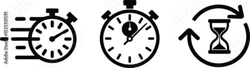 Time Management Icons: Stopwatch, Clock, and Hourglass with Arrows, Black and White Design for Productivity