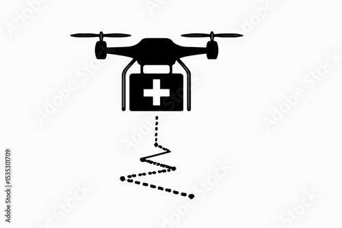 Black and White Icon of a Drone Delivering Medical Supplies Represented by a First Aid Kit with a Dotted Line Indicating the Delivery Path on