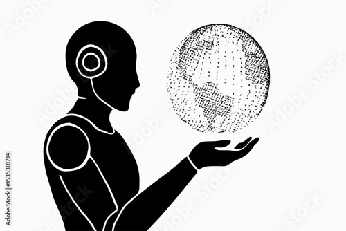 Artificial Intelligence and Data Visualization A Silhouette of a Robot Holding a Stylized Sphere Against a Clean White Background Conveying Technology and Innovation stark black