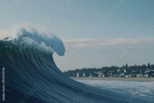 Fototapeta Naklejka Na Ścianę i Meble -  A massive ocean wave about to collapse over coastal houses. AI-generated.