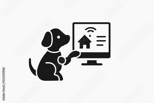 Smart Home Security System for Pets A Cartoon Dog Interacting with a Computer Screen Displaying a House Wi Fi Symbol and Menu Icon on a
