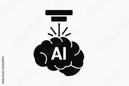 Artificial Intelligence Brain Processing A conceptual black and white illustration depicting a brain with the letters AI inside being processed by a machine or technology