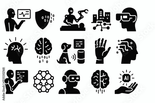 A Collection of Artificial Intelligence Icons Representing Concepts Like Robotics Virtual Reality Brain Function and Smart Technology all in a Modern Black and White Style