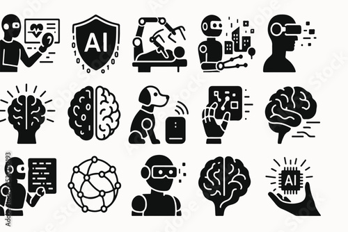 A black silhouette set of vector ecology icons featuring a tree and heart symbol design illustration