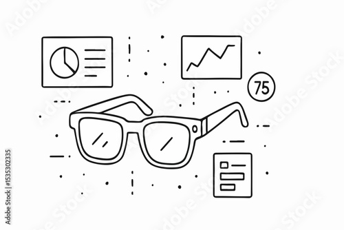 Data Analysis and Vision A Line Art Illustration of Glasses Surrounded by Charts and Information Representing Insight Analytics and the Power of Clear Observation in