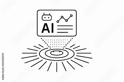 Artificial Intelligence Hologram Projection A minimalist black and white illustration depicting a hologram projecting from a central point displaying AI information and data analysis This