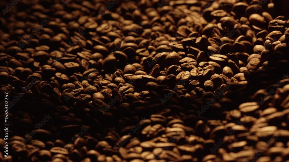 Warm light illuminates roasted coffee beans as they mix in a professional roaster, creating a captivating scene of rich brown hues and the promise of a delicious brew