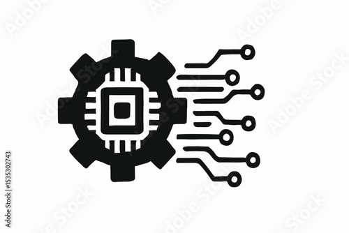Stylized Black and White Illustration of a Gear with a Microchip Inside and Circuit Lines Emanating from It Representing Technology Engineering and Innovation on a