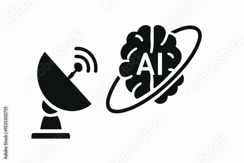 Artificial Intelligence and Communication A Black and White Icon Depicting a Satellite Dish and a Brain with the Letters AI Representing the Connection Between Technology