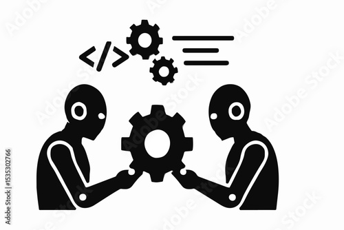Artificial Intelligence Development and Collaboration Two Robots Working Together on a Gear Representing Machine Learning Code and Automation in a Black and White Minimalist Design