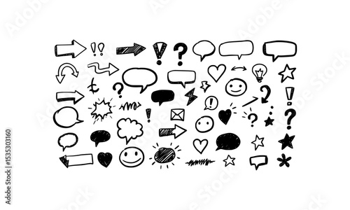 Collection of handdrawn speech bubbles, arrows, and symbols. Great for enhancing presentations, graphic design projects, social media posts, and advertisements.
