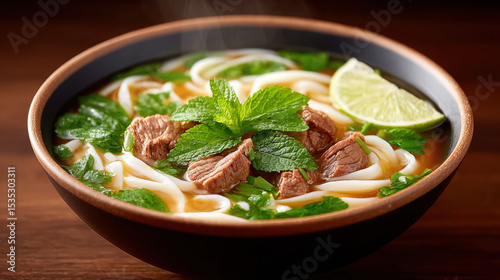 Steaming bowl of Vietnamese pho with beef, rice noodle, fresh mint, cilantro, and lime, creating comforting and aromatic traditional Asian soup