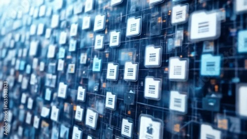 abstract complex grid with file and folder icons, futuristic document management system, digital data organization concept. 4k video