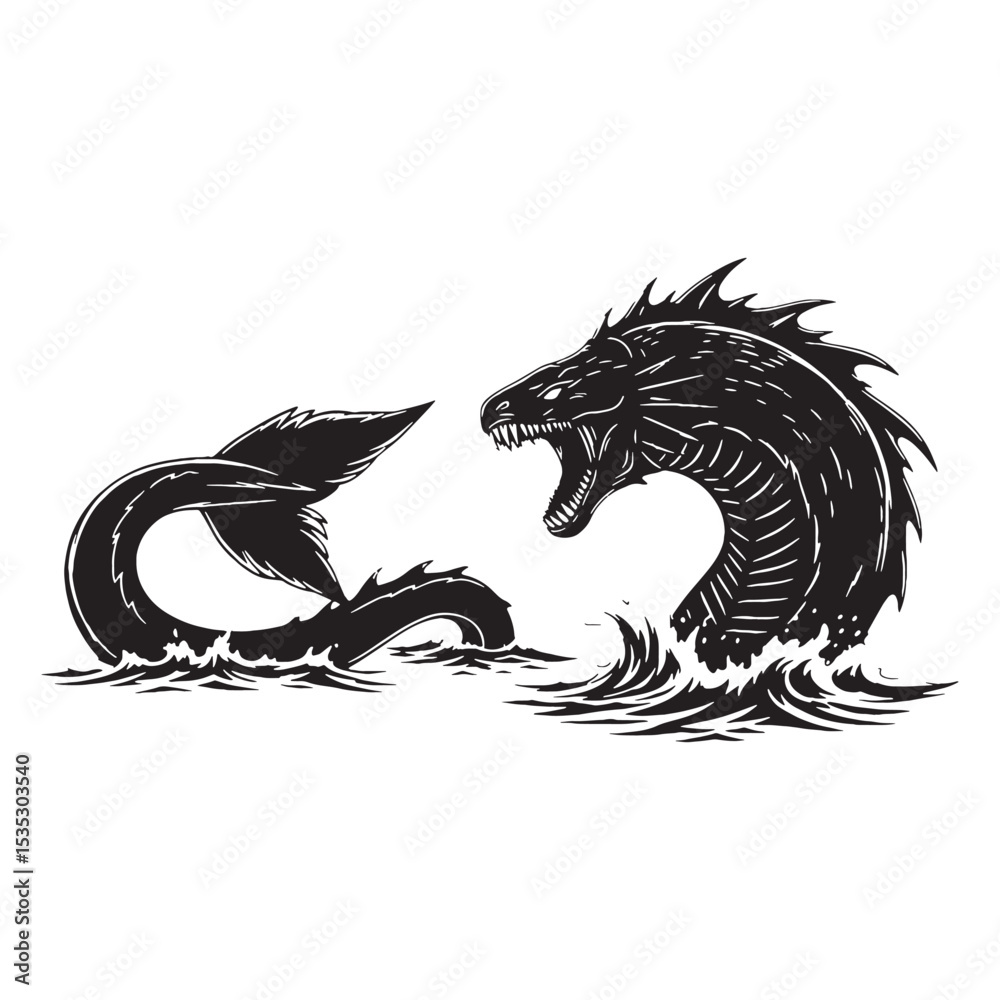 Naklejka premium Primeval Leviathan Deadly Sea Hybrid Outline Vector, Showing Its Many Dangerous Parts - leviathan silhouette - leviathan vector - silhouette of leviathan