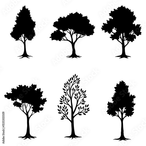 Isolated tree silhouettes. Black drawing of forest plants. Park scene elements. Graphic arts for natural landscape background. Garden design elements. Vector illustration