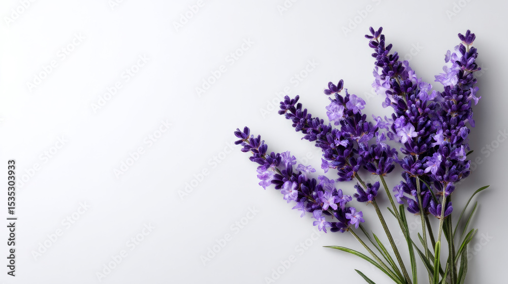 Obraz premium A small cluster of lavender sprigs arranged neatly against a plain white background, soft and calming