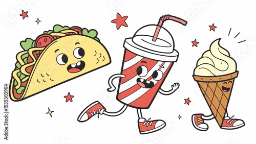 Cartoon Taco, Soda, and Ice Cream Cone Illustration