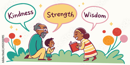 Grandparents Sharing Values of Kindness, Strength, and Wisdom with Grandchild