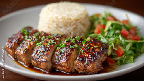 Grilled jerk chicken breast with spicy glaze, served with steamed rice and fresh green salad, garnished with chopped herbs, on white plate, delicious and vibrant meal