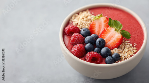 Smoothie bowl with vibrant red berry blend, topped with fresh strawberry, blueberry, raspberry, and crunchy oat, creating healthy and appetizing breakfast option