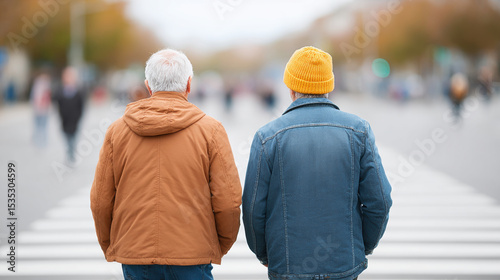 Two men walking together on city street crosswalk, one wearing brown jacket and other in blue denim jacket with yellow beanie, autumn day, companionship and support