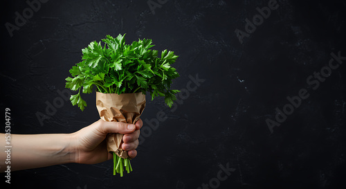 Fresh parsley bouquet held in hand against a textured black background with copy space, parsley, herb, fresh, green, bunch, hand, holding, cooking, ingredient, food, plant, healthy, organic, culinary,