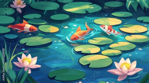 A school of freshwater fish swimming gracefully in a crystal-clear river, surrounded by rocks and aquatic plants