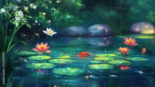 A school of freshwater fish swimming gracefully in a crystal-clear river, surrounded by rocks and aquatic plants