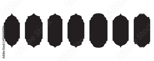 Islamic windows frames shapes set. Ramadan ornament door arch. Arabesque oriental icons. Arabian architecture sticker silhouette. Vector