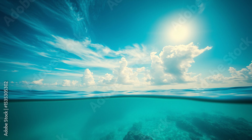 A tranquil seascape with a clear blue sky and turquoise ocean meeting at the horizon.