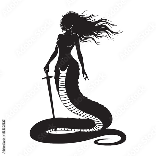 Ancient Lamia Fearsome Snake Woman Form Vector, Showing Her Coiled Tail and Human Upper Body - lamia silhouette - lamia vector - silhouette of lamia - Lamia illustration
