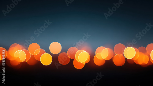 Abstract view of city lights from high vantage point, featuring orange bokeh circles against dark blue background, creating dreamy and tranquil nighttime atmosphere