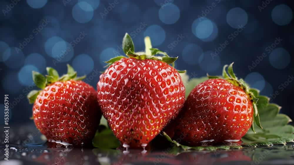 Three Vibrant Red Strawberries Glistening on a Wet Surface with a Blurred Dark Blue Bokeh Background