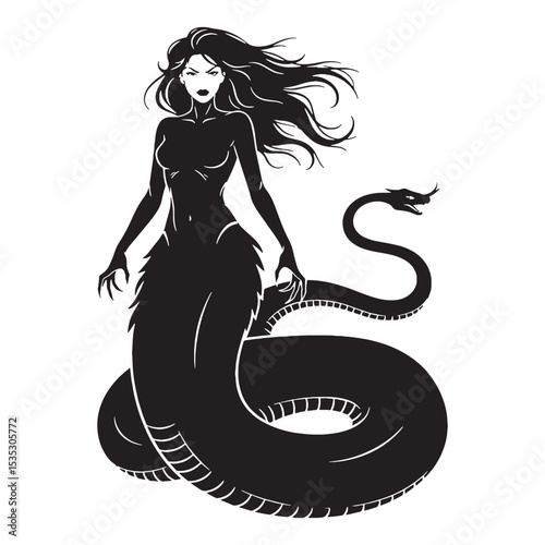 Terrifying Shadowy Lamia Ancient Serpent Queen Graphic Vector, Showing Her Long, Scaly Tail - lamia silhouette - lamia vector - silhouette of lamia
