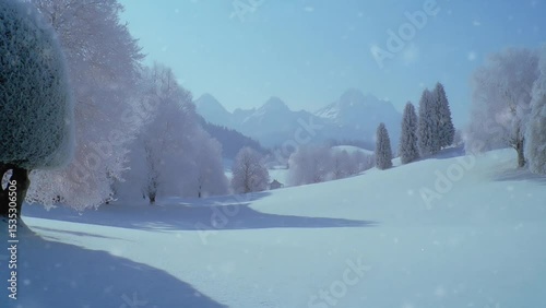 Snow-covered winter forest landscape with frozen trees and distant mountain peaks under clear blue sky. Nature concept