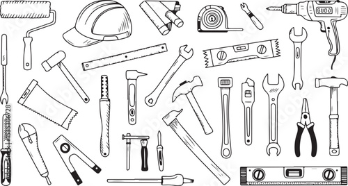 hand tools collection illustration including hammers screwdrivers pliers and saws detailed black and white vintage style