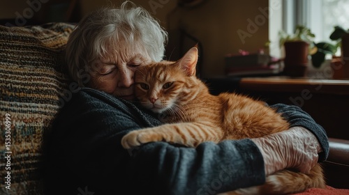 Elderly Woman Snuggling Adopted Cat on Sofa