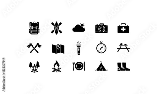Camp icon set featuring 15 black camping symbols, ideal for outdoor, adventure, hiking, and campingthemed design projects. Suitable for web and print.
