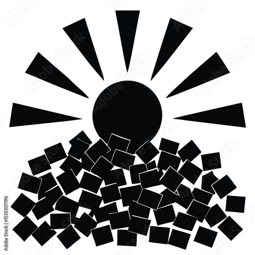 Sunrise Over a Mountain of Blocks Abstract Geometric Sun Illustration