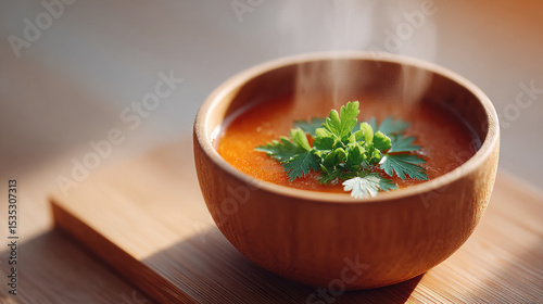 Steaming hot soup in wooden bowl garnished with fresh parsley, warm sunlight highlights vibrant orange broth, creating cozy and inviting atmosphere